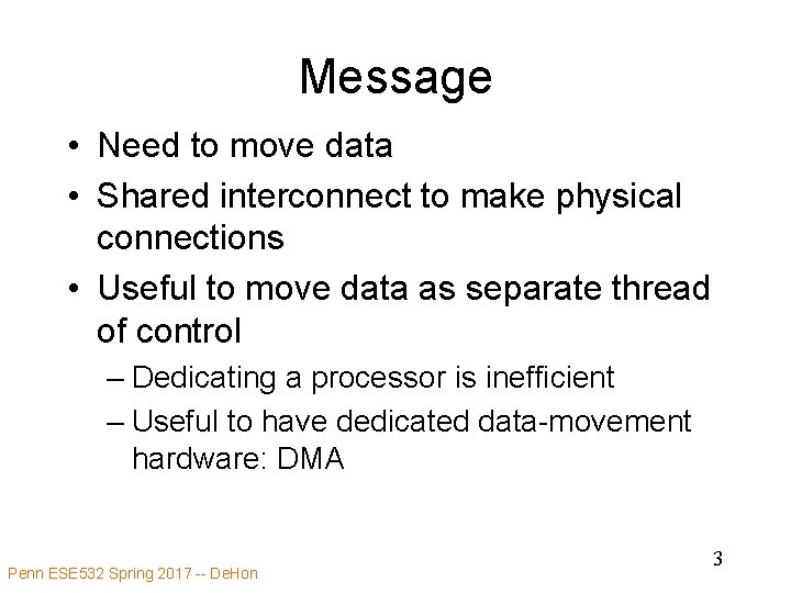 Message • Need to move data • Shared interconnect to make physical connections •