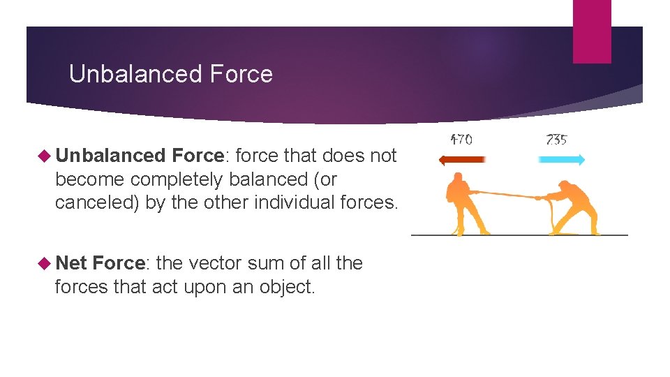Unbalanced Force Unbalanced Force: force that does not become completely balanced (or canceled) by