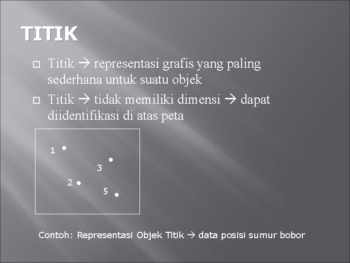 TITIK Titik representasi grafis yang paling sederhana untuk suatu objek Titik tidak memiliki dimensi