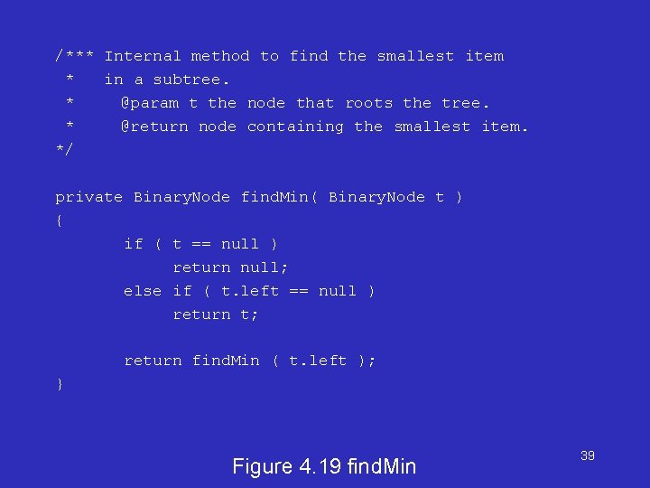 /*** Internal method to find the smallest item * in a subtree. * @param