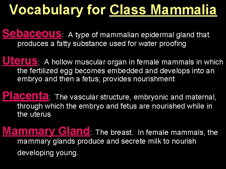 Vocabulary for Class Mammalia Sebaceous: A type of mammalian epidermal gland that produces a