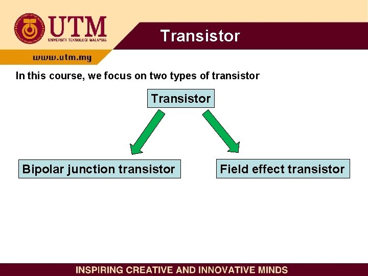 Transistor In this course, we focus on two types of transistor Transistor Bipolar junction