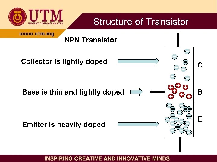 Structure of Transistor NPN Transistor Collector is lightly doped C Base is thin and