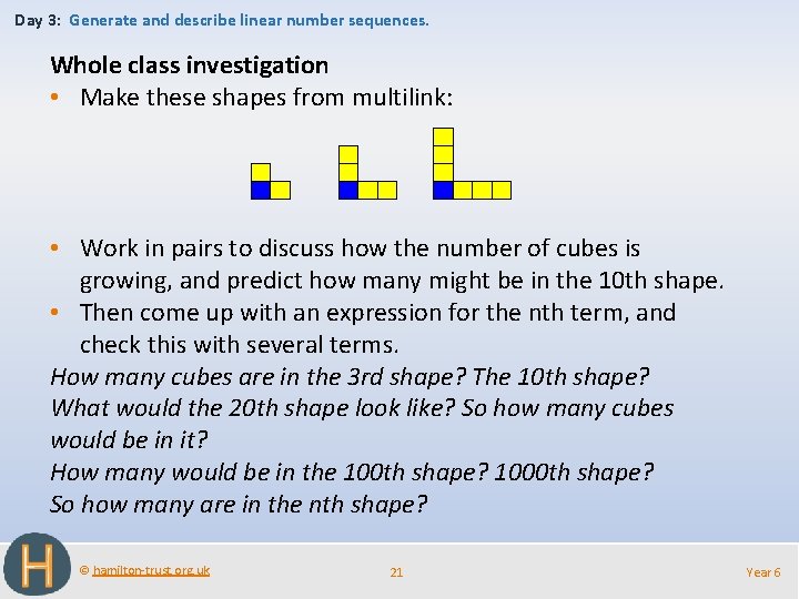 Day 3: Generate and describe linear number sequences. Whole class investigation • Make these