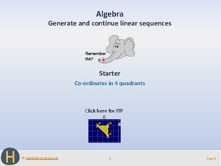 Algebra Generate and continue linear sequences Starter Co-ordinates in 4 quadrants Click here for