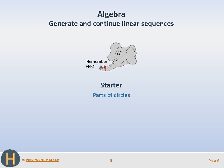 Algebra Generate and continue linear sequences Starter Parts of circles © hamilton-trust. org. uk