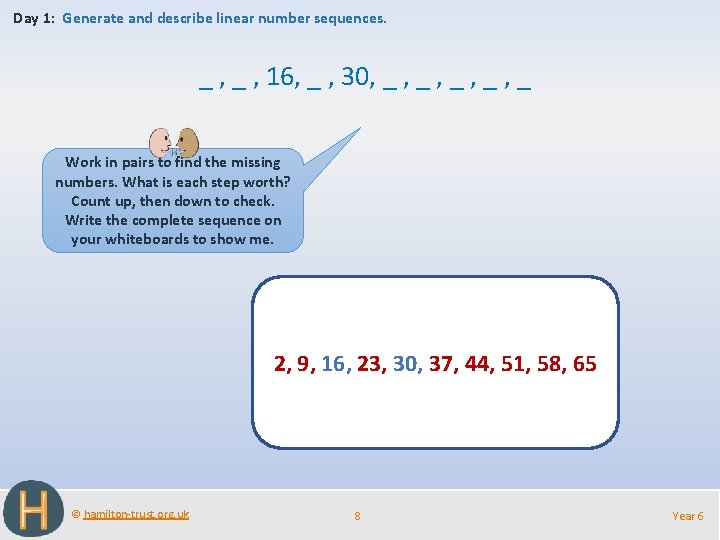 Day 1: Generate and describe linear number sequences. _ , 16, _ , 30,