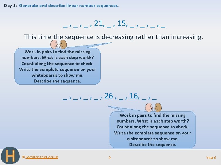Day 1: Generate and describe linear number sequences. _ , _ , 21, _
