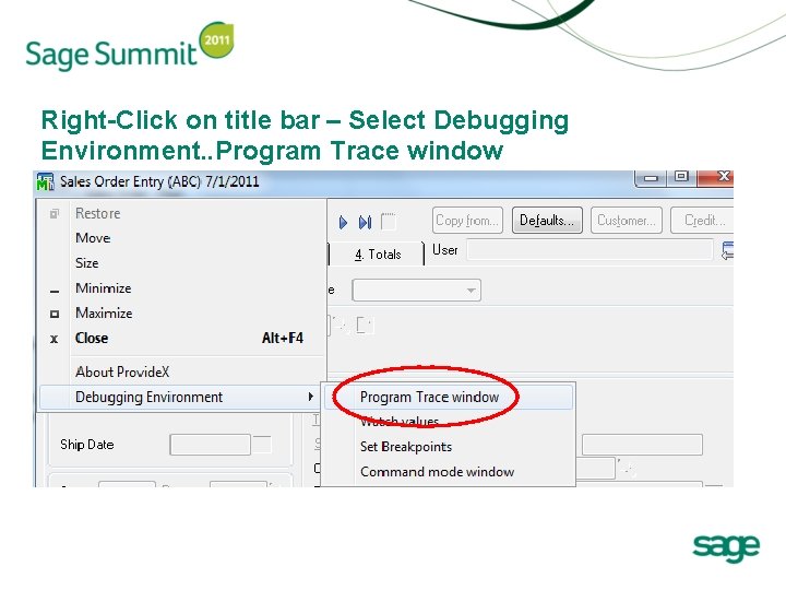 Right-Click on title bar – Select Debugging Environment. . Program Trace window 