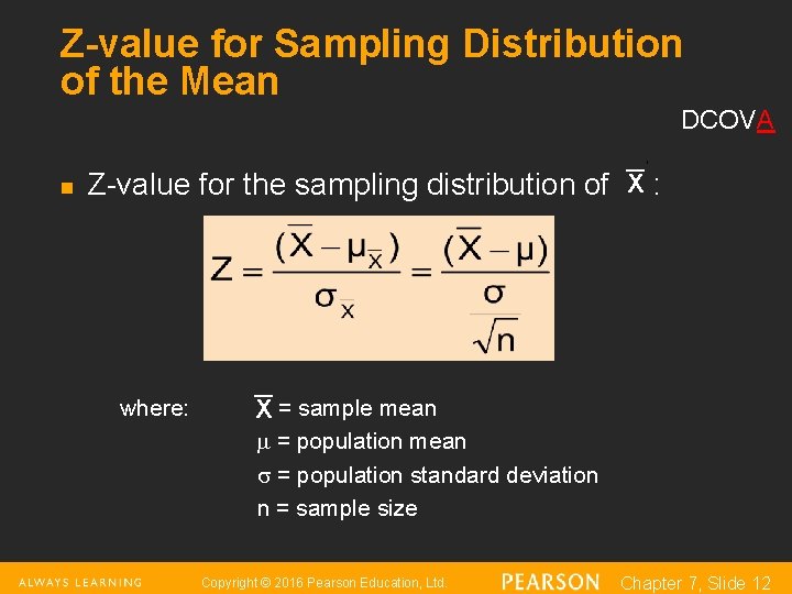 Z-value for Sampling Distribution of the Mean DCOVA _ n Z-value for the sampling
