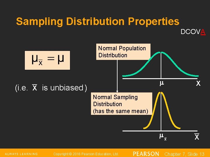 Sampling Distribution Properties DCOVA Normal Population Distribution _ (i. e. X is unbiased )