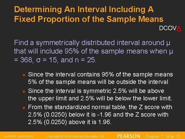 Determining An Interval Including A Fixed Proportion of the Sample Means DCOVA Find a