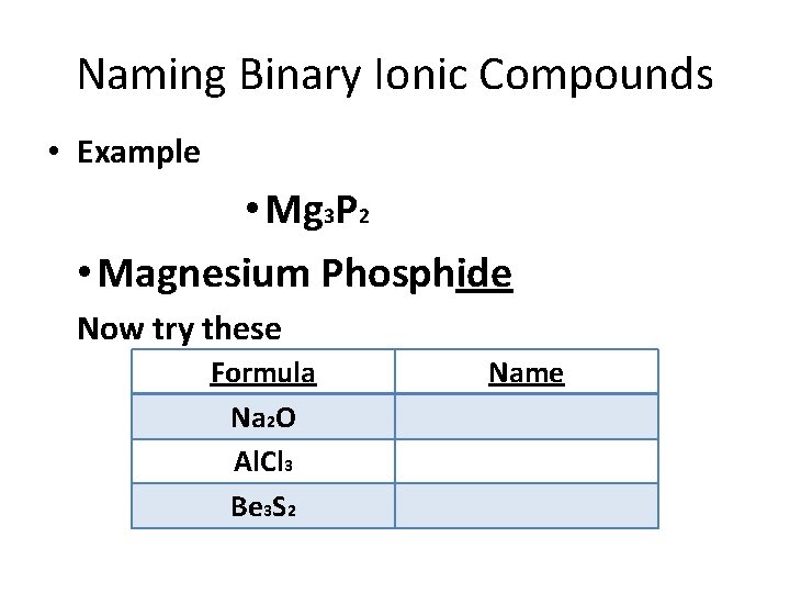 Naming Binary Ionic Compounds • Example • Mg 3 P 2 • Magnesium Phosphide