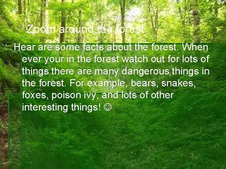 Zoom around the forest Hear are some facts about the forest. When ever your