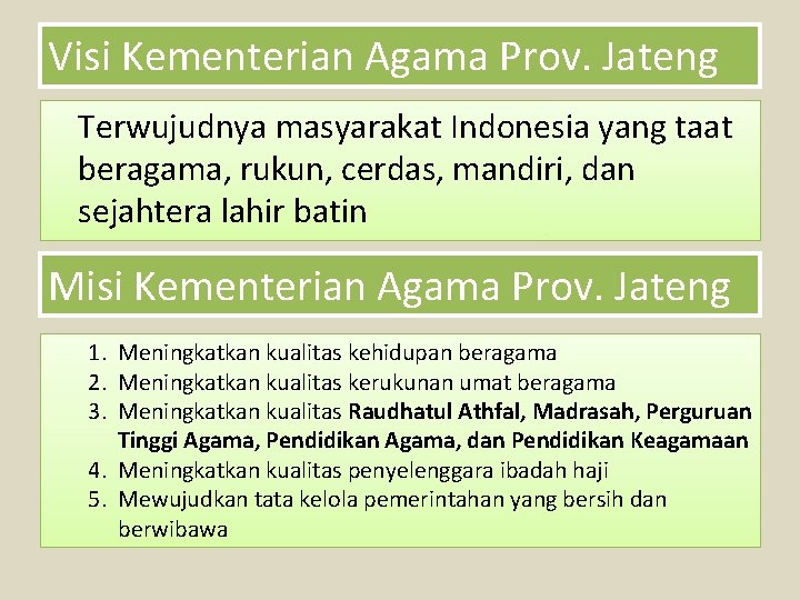 Visi Kementerian Agama Prov. Jateng Terwujudnya masyarakat Indonesia yang taat beragama, rukun, cerdas, mandiri,