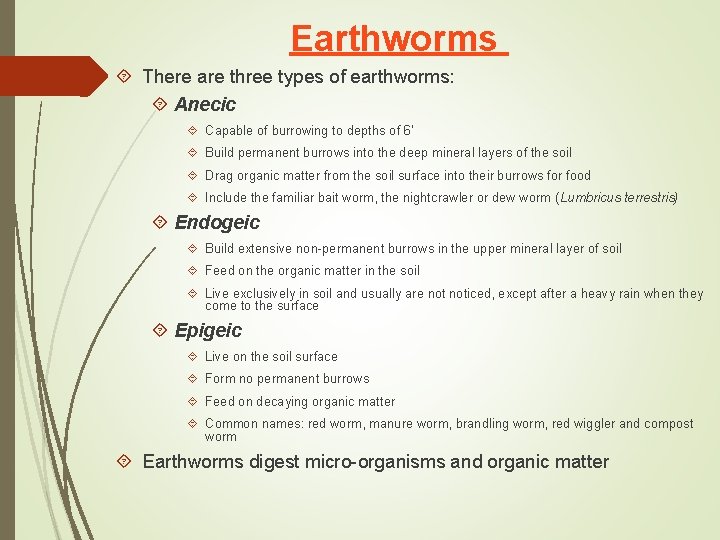 Earthworms There are three types of earthworms: Anecic Capable of burrowing to depths of