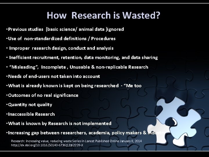 How Research is Wasted? • Previous studies (basic science/ animal data )ignored • Use