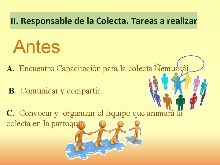 II. Responsable de la Colecta. Tareas a realizar Antes A. Encuentro Capacitación para la