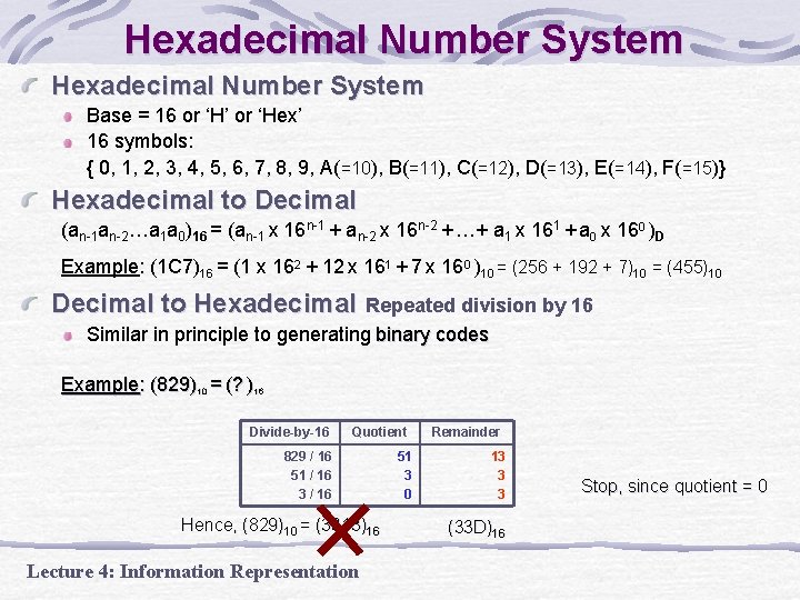 Hexadecimal Number System Base = 16 or ‘H’ or ‘Hex’ 16 symbols: { 0, Hexadecimal Number System Base = 16 or ‘H’ or ‘Hex’ 16 symbols: { 0,