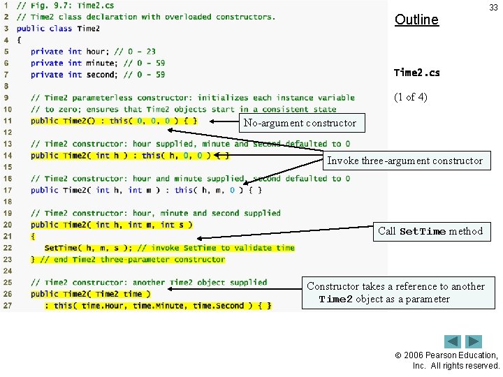 Outline 33 Time 2. cs (1 of 4) No-argument constructor Invoke three-argument constructor Call
