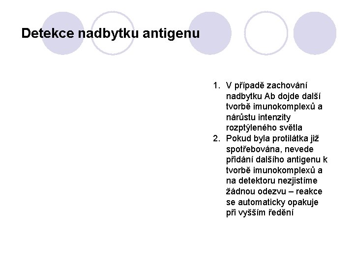 Detekce nadbytku antigenu 1. V případě zachování nadbytku Ab dojde další tvorbě imunokomplexů a