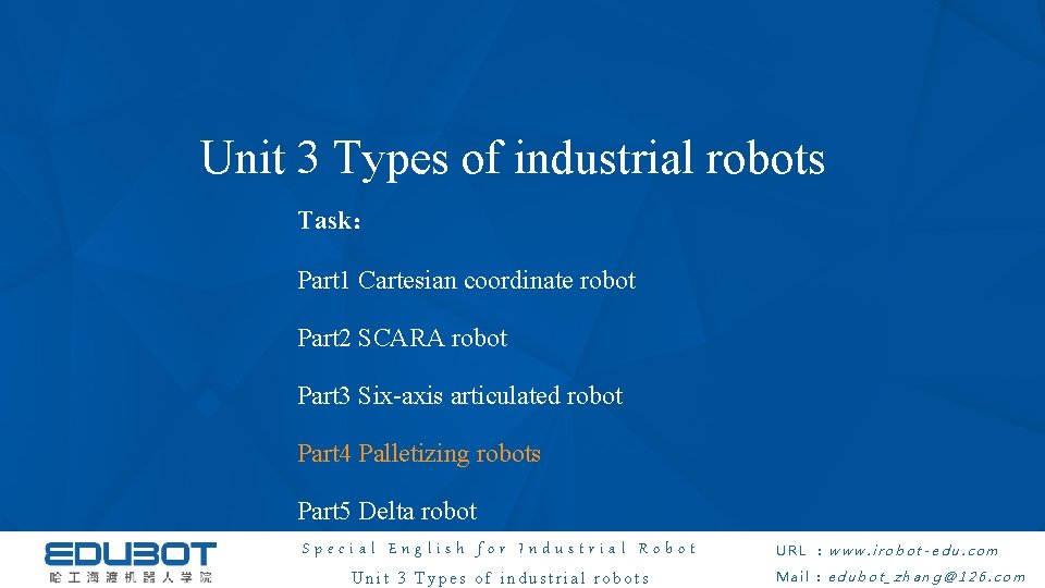 Unit 3 Types of industrial robots Task： Part 1 Cartesian coordinate robot Part 2