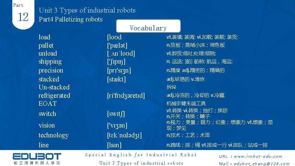Part 12 Unit 3 Types of industrial robots Part 4 Palletizing robots Vocabulary load