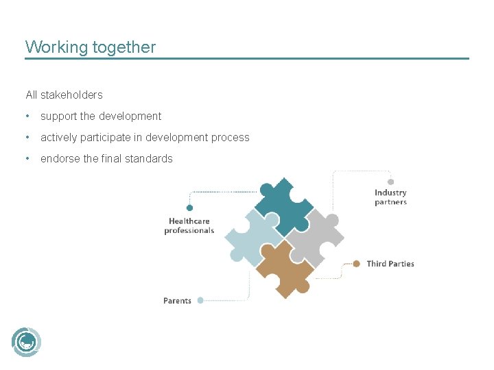 Working together All stakeholders • support the development • actively participate in development process