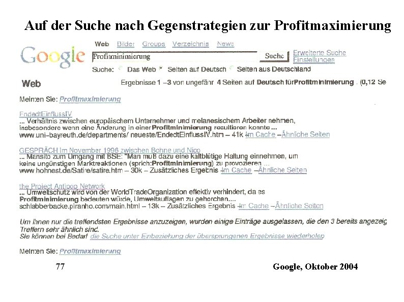 Auf der Suche nach Gegenstrategien zur Profitmaximierung 77 Google, Oktober 2004 