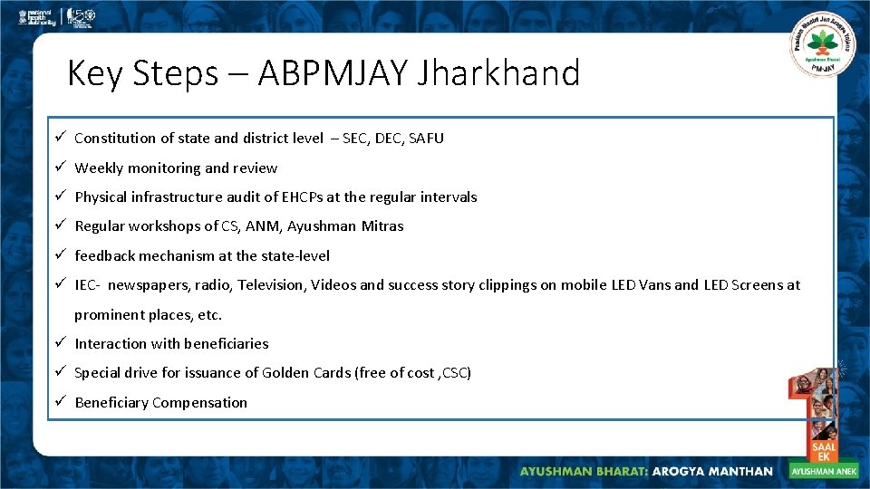 Key Steps – ABPMJAY Jharkhand ü Constitution of state and district level – SEC,