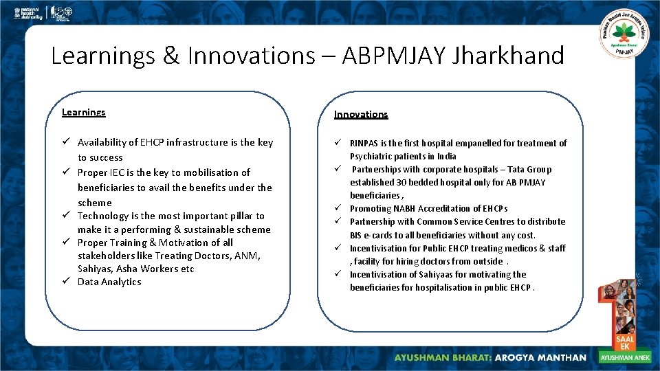 Learnings & Innovations – ABPMJAY Jharkhand Learnings Innovations ü Availability of EHCP infrastructure is