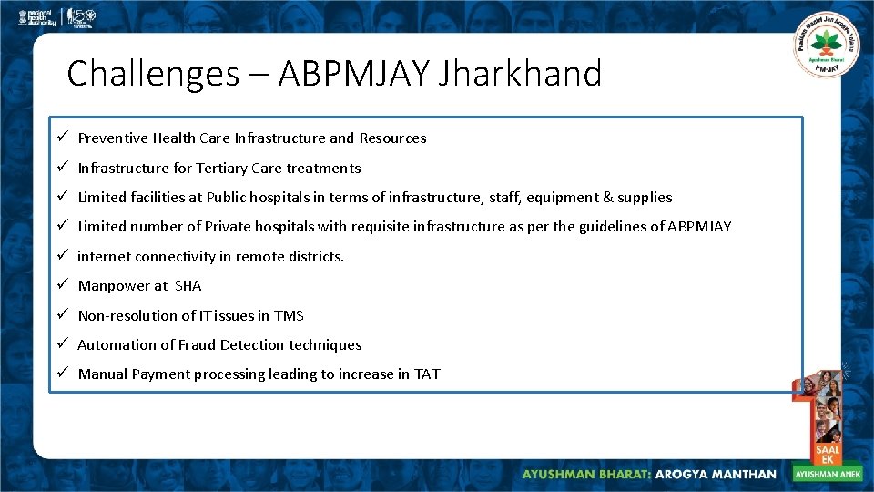 Challenges – ABPMJAY Jharkhand ü Preventive Health Care Infrastructure and Resources ü Infrastructure for