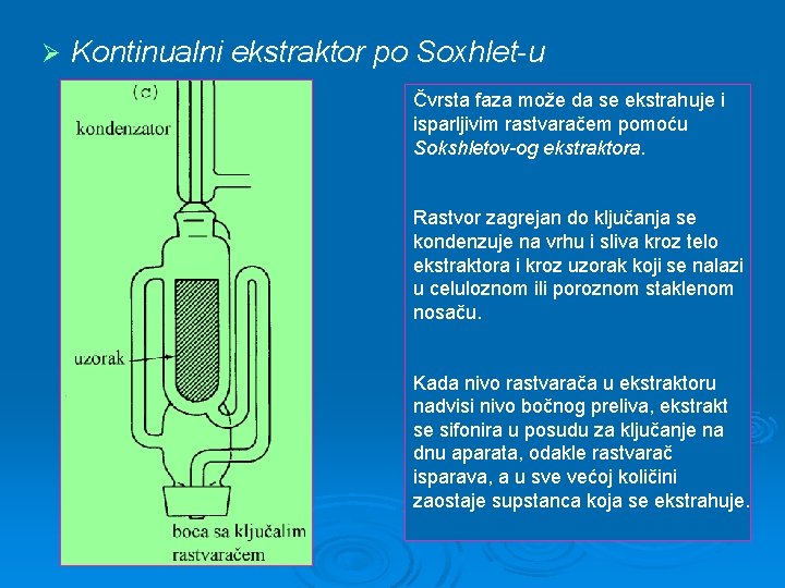 Ø Kontinualni ekstraktor po Soxhlet-u Čvrsta faza može da se ekstrahuje i isparljivim rastvaračem