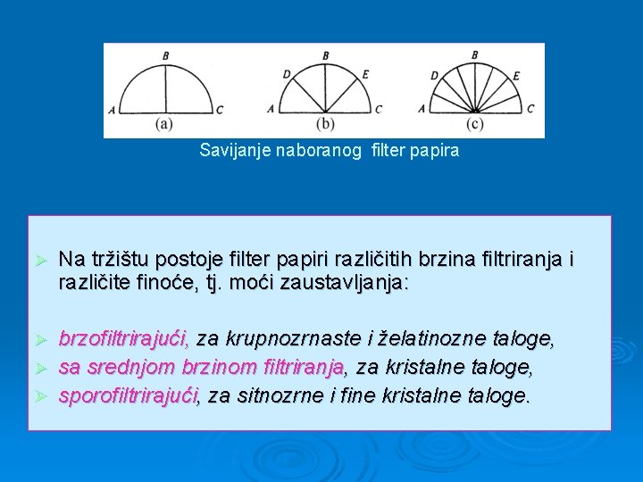 Savijanje naboranog filter papira Ø Na tržištu postoje filter papiri različitih brzina filtriranja i