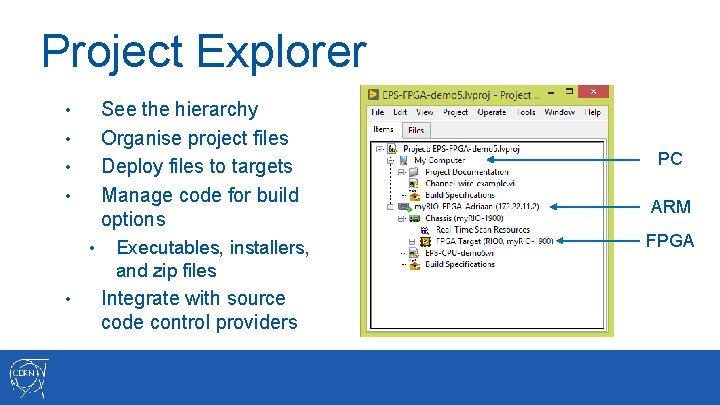 Project Explorer See the hierarchy Organise project files Deploy files to targets Manage code