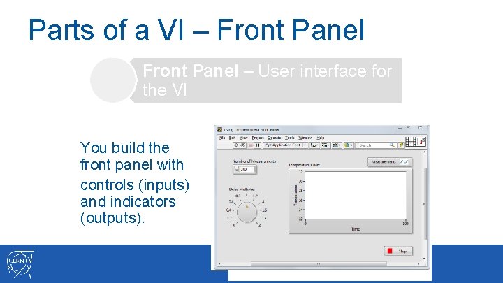 Parts of a VI – Front Panel – User interface for the VI You