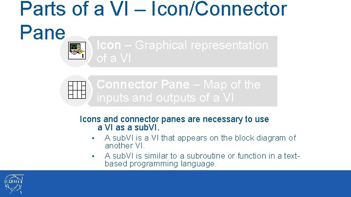 Parts of a VI – Icon/Connector Pane Icon – Graphical representation of a VI