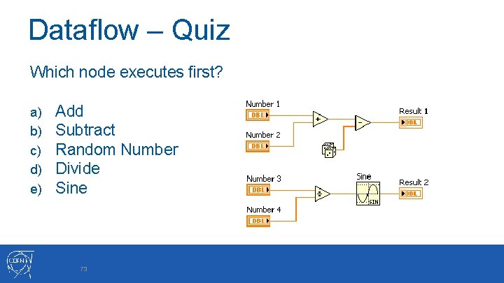 Dataflow – Quiz Which node executes first? a) b) c) d) e) Add Subtract