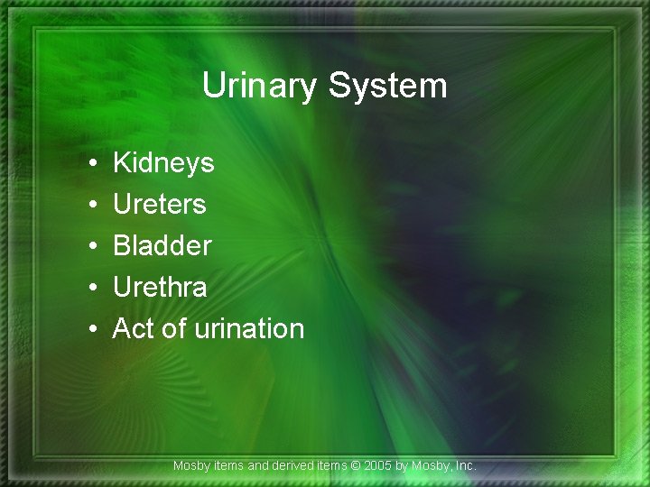 Urinary System • • • Kidneys Ureters Bladder Urethra Act of urination Mosby items