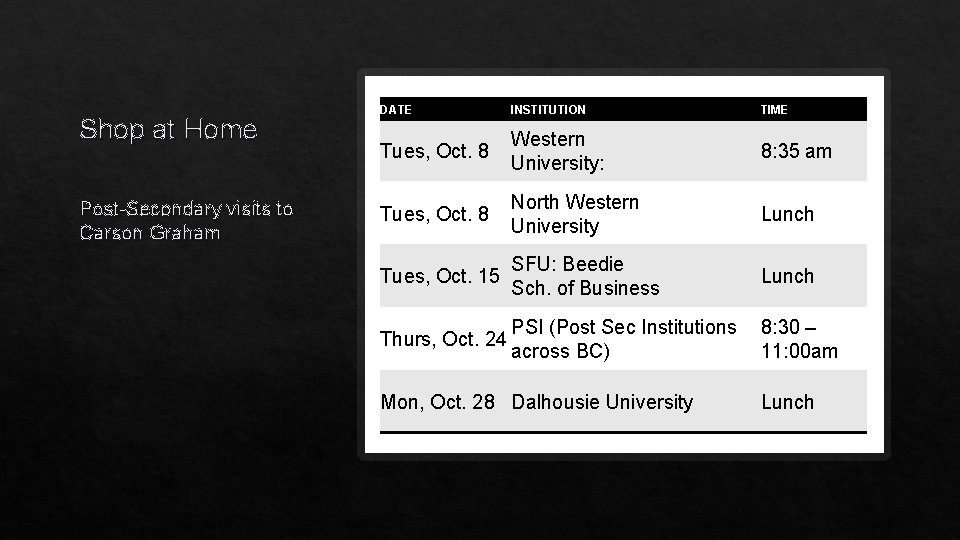 Shop at Home Post-Secondary visits to Carson Graham DATE INSTITUTION TIME Tues, Oct. 8