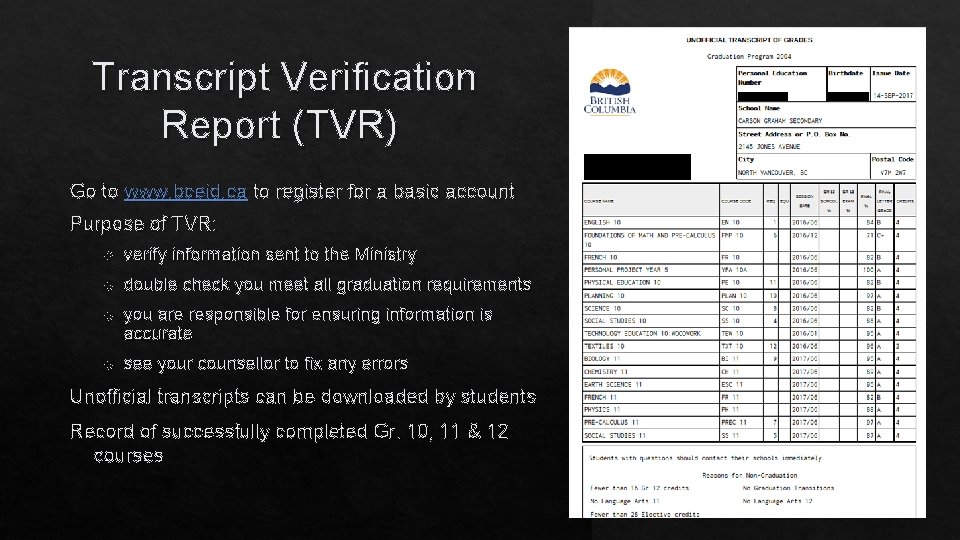 Transcript Verification Report (TVR) Go to www. bceid. ca to register for a basic