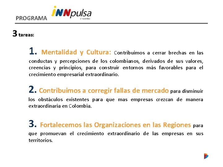 PROGRAMA 3 tareas: 1. Mentalidad y Cultura: Contribuimos a cerrar brechas en las conductas