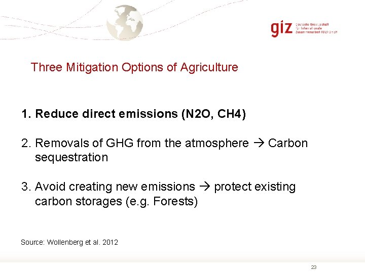 Three Mitigation Options of Agriculture 1. Reduce direct emissions (N 2 O, CH 4)