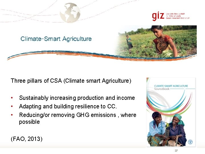 Three pillars of CSA (Climate smart Agriculture) • • • Sustainably increasing production and