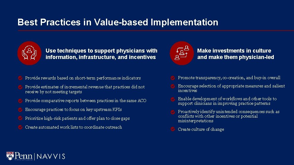 Best Practices in Value-based Implementation Use techniques to support physicians with information, infrastructure, and