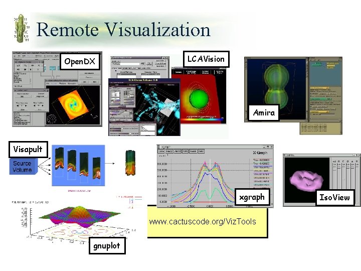Remote Visualization Open. DX LCAVision Amira Visapult xgraph www. cactuscode. org/Viz. Tools gnuplot Iso.