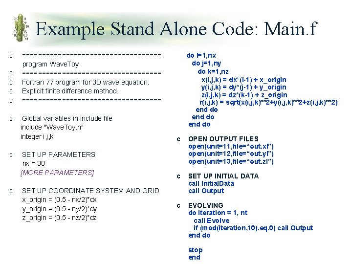 Example Stand Alone Code: Main. f c c c c ================== program Wave. Toy