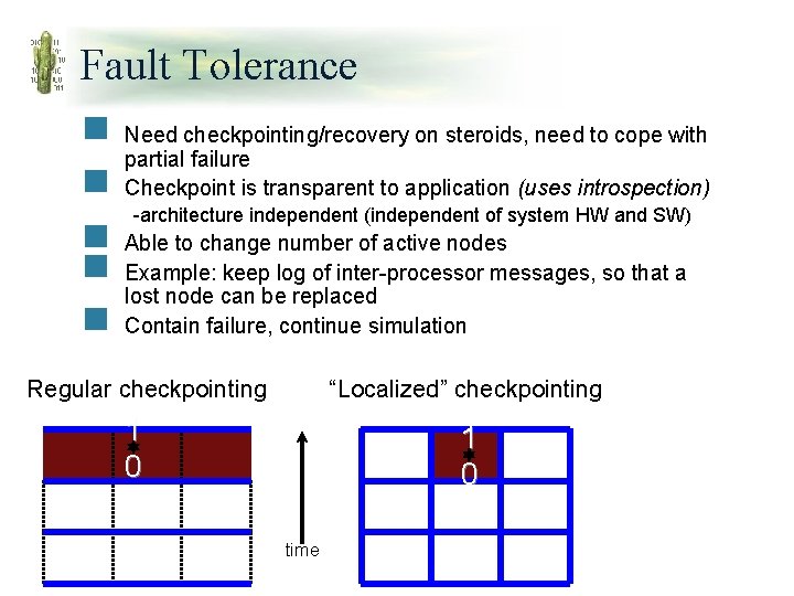 Fault Tolerance n n n Need checkpointing/recovery on steroids, need to cope with partial