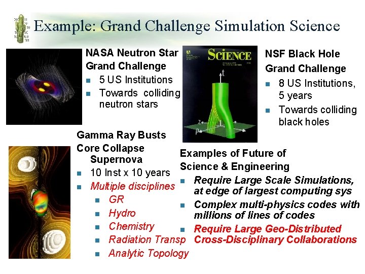 Example: Grand Challenge Simulation Science NASA Neutron Star Grand Challenge n 5 US Institutions