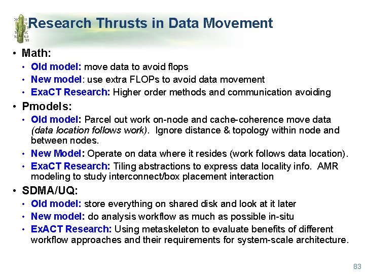 Research Thrusts in Data Movement • Math: • Old model: move data to avoid